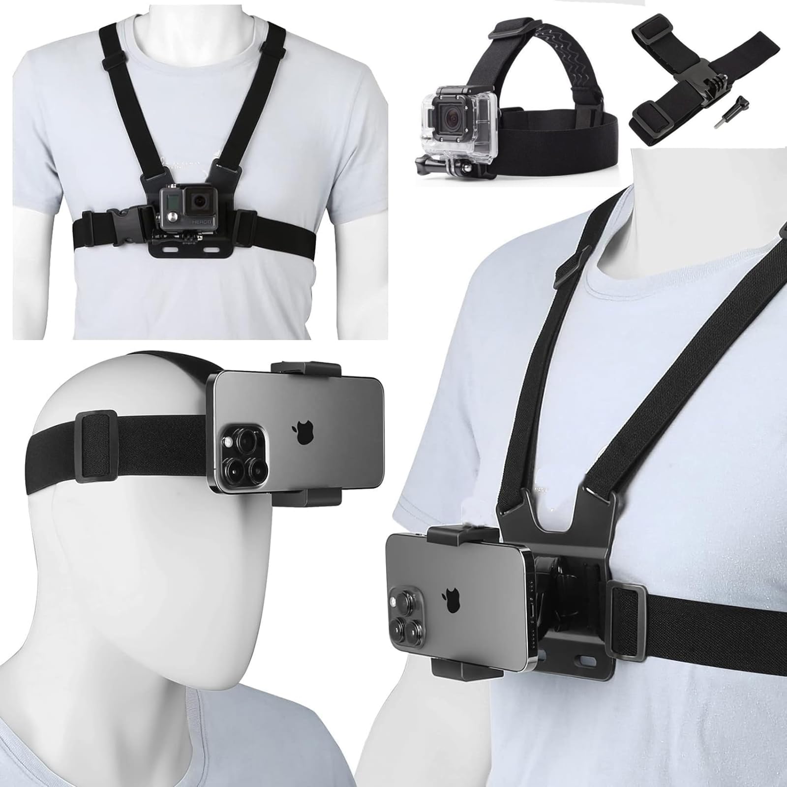KASINshooting Camera Mobile Phone Belt Body Mount Chest Head Strap Harness Holder Kit for Gopros Heros 12/11/10/9/8 Insta360 One and Smartphone Vlog