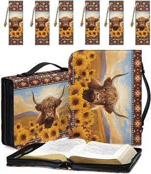 COEQINE Bible Cover Set of 7 Pieces Sunflower Horse Carrying Book Case Church Bag Bible,Lightweight Bookmarks Aestheitc Bible Study Accessories Supplies Large Size