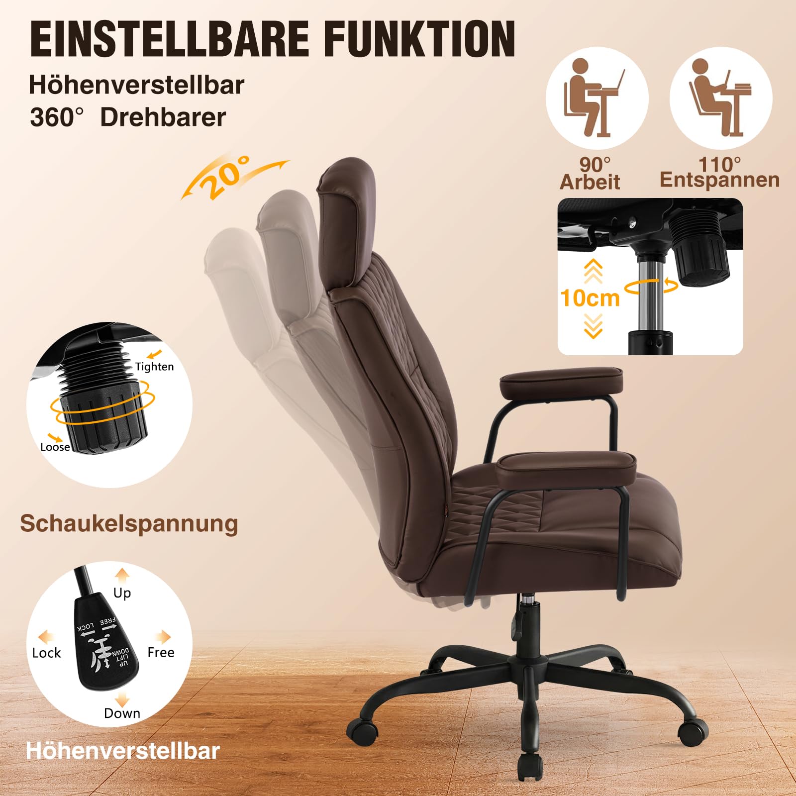 Bürostuhl Ergonomisch, Schreibtischstuhl mit Verstellbarer Kopfstütze, PU Leder Chefsessel mit Gepolsterter Armlehnen und Höhenverstellbar, Neigefunktion, Drehstuhl, Dunkelbraun
