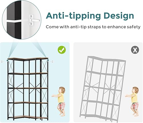 Miniatura 7 de Estantería esquinera reversible de 5 niveles, estantería industrial moderna, estante de almacenamiento grande en forma de L de 5 estantes con marco