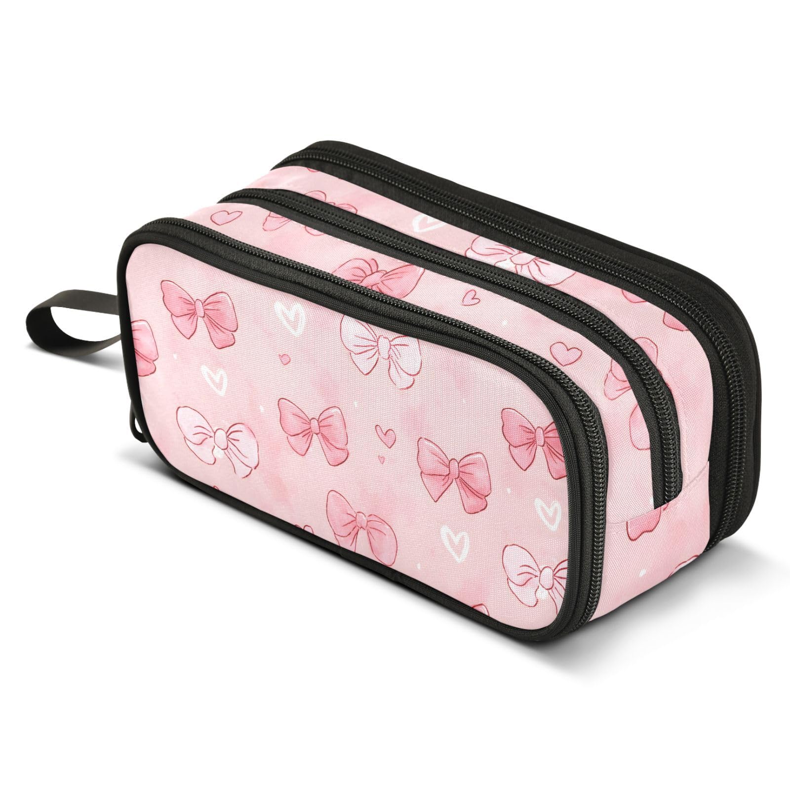 ALAZA White Pink Bow Heart Pencil Case Large Capacity Pencil Pouch Box Boys Girls School Supplies Pen Case Bag with Handle 3 Compartments Zipper
