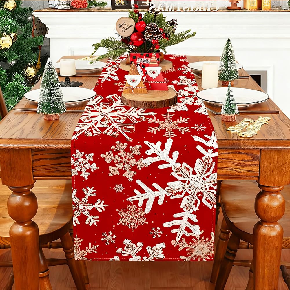Jynxtoyzeal Red Snowflake Christmas Table Runner, Christmas Tablecloths For Dining Table Snowflake, Xmas Table Runner, Christmas Dinner Table Decorations, 33*183Cm