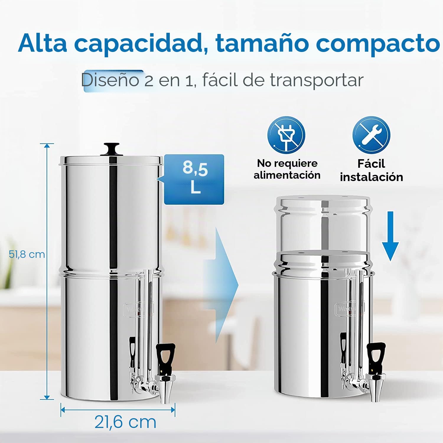 Waterdrop Sistema de Filtrado de Agua por Gravedad, Certificación NSF/ANSI 372, Sistema de Acero Inoxidable de 8,5 Litros con 2 Filtros y Espita Metálica, Reduce hasta el 98,95% del Cloro, WD-TK