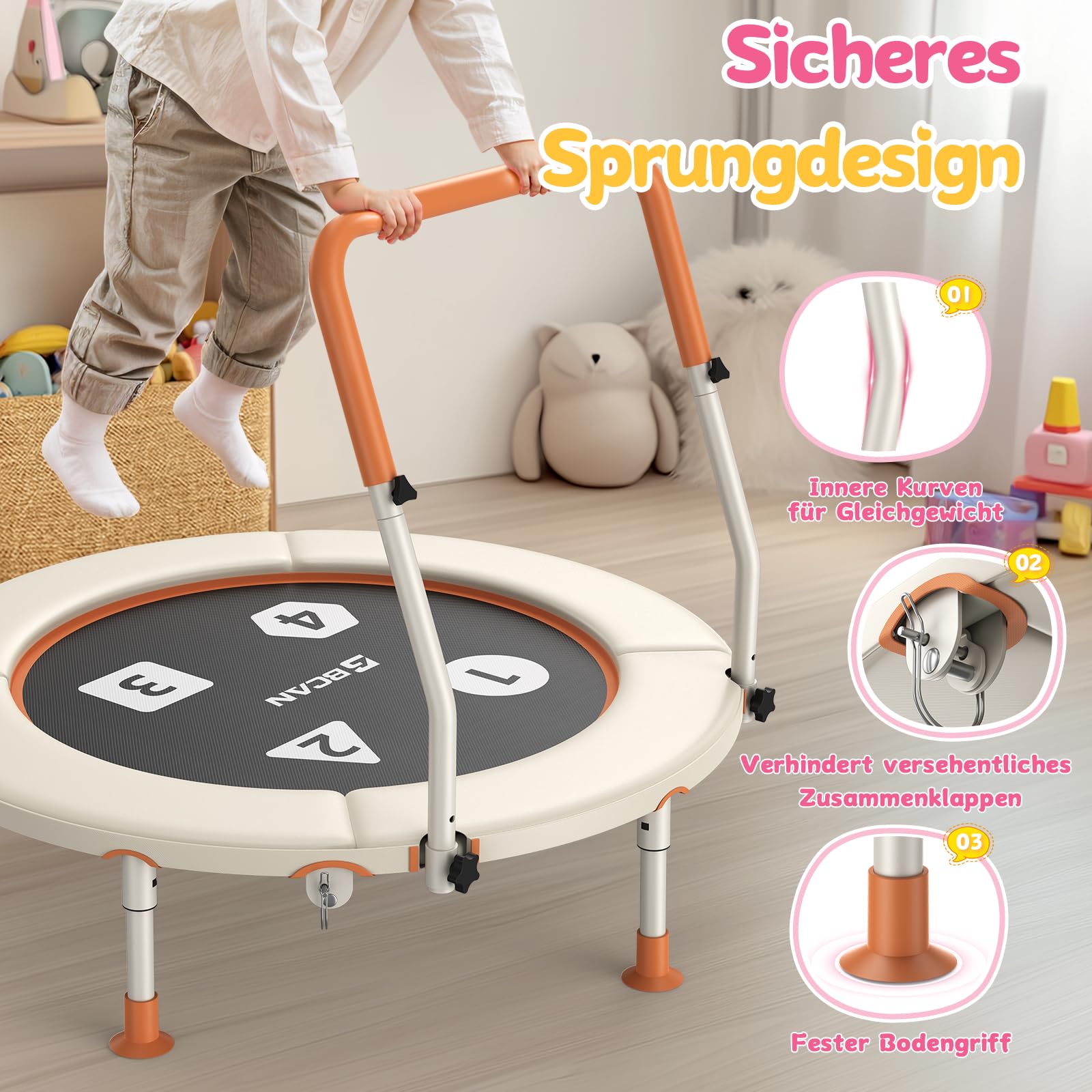 BCAN 91 cm Kleinkind-Trampolin, Verstellbarer Griff, Sicherheitspolster und klappbare Beine, Baby-Trampolin für drinnen und draußen, Geschenk für Jungen und Mädchen