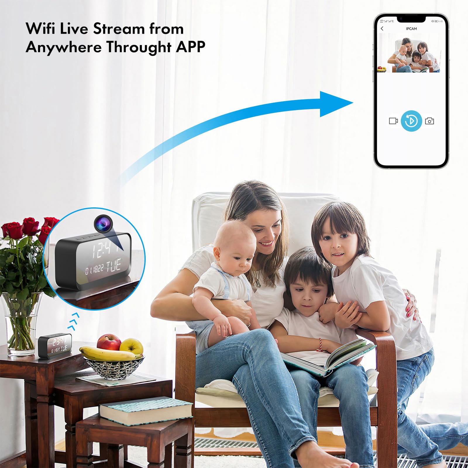 Caméra horloge – Caméra WiFi Nanny avec vidéo HD 1080p, détection de mouvement AI, vision nocturne claire, WiFi double bande, connectivité Bluetooth, stockage local et cloud, caméra