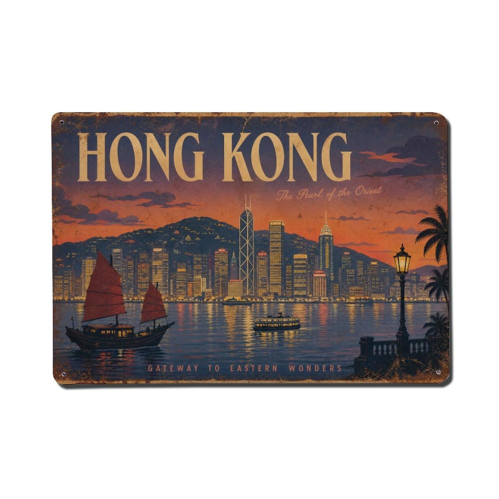 Huiyhb 8X12inch(20X30cm) Vintage Travel Hong Kong Evening Metal Tin Sign