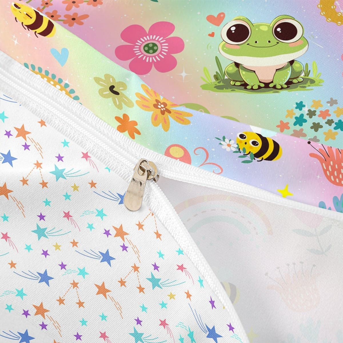 Cartoon Frog Duvet Cover Set Toddler Size,Cute Honey Bee Butterfly Rainbow Flowers Bedding Set,Girls Women Room Decor,Wild Animal Rustic Comforter Cover,Colorful Quilt Cover,1 Pillowcase(No Filler)