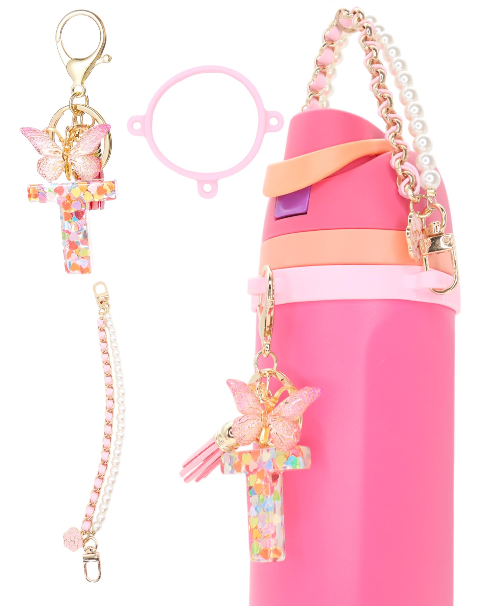 TOVICE Letter Accessories for Owala Water Bottle 24-40oz, 3PC Cute Initial Keychain & Water Bottle Handle Strap with a Thick Elastic Silicone Ring