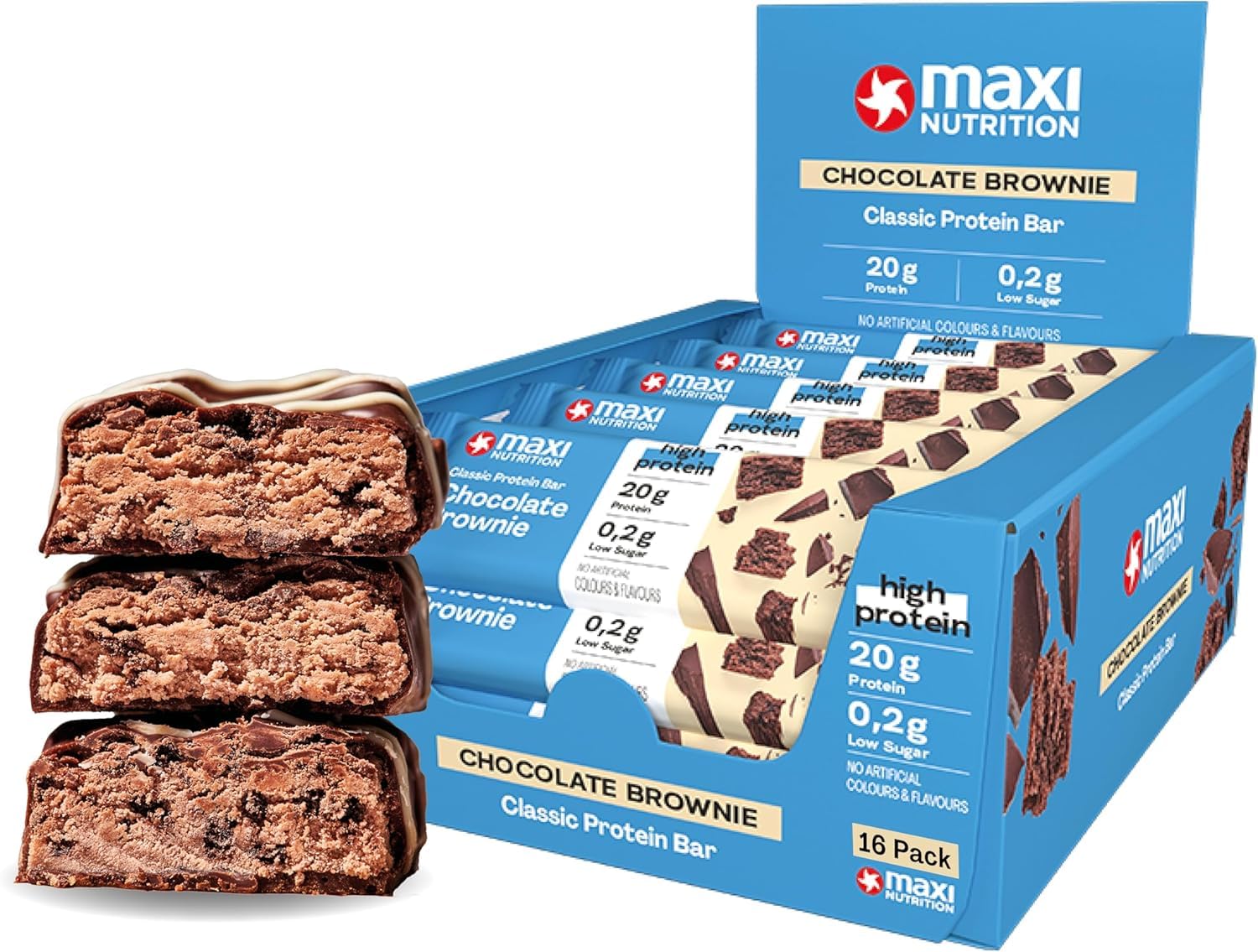 MaxiNutrition - Barra de Proteína - Classic Chocolate Brownie 16 x 40 g - 20 g de proteína por barra, baja en azúcar (0,2 g), sin azúcares añadidos, sin sabores ni colorantes artificiales