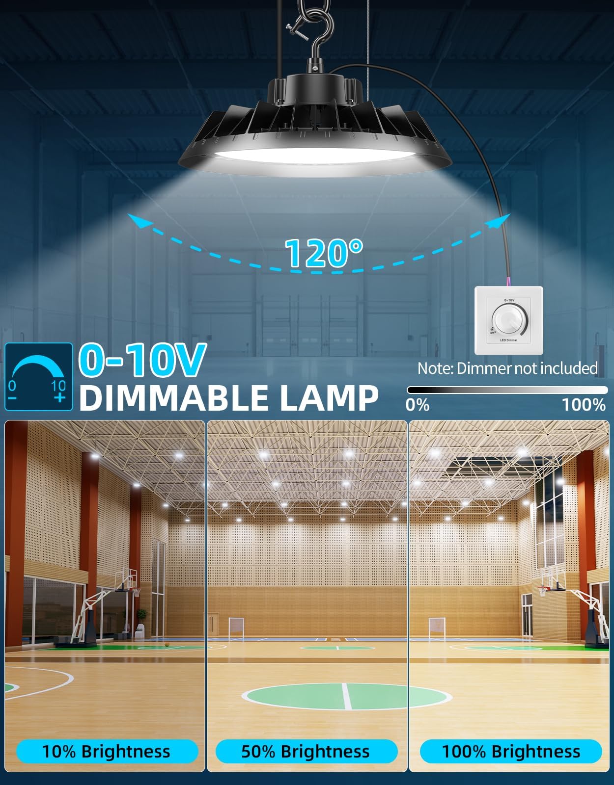ADUB 240W UFO LED High Bay Light 36000LM 5000K Daylight 0-10V Dimmable AC100-277V IP65 Waterproof with US Plug — view 3