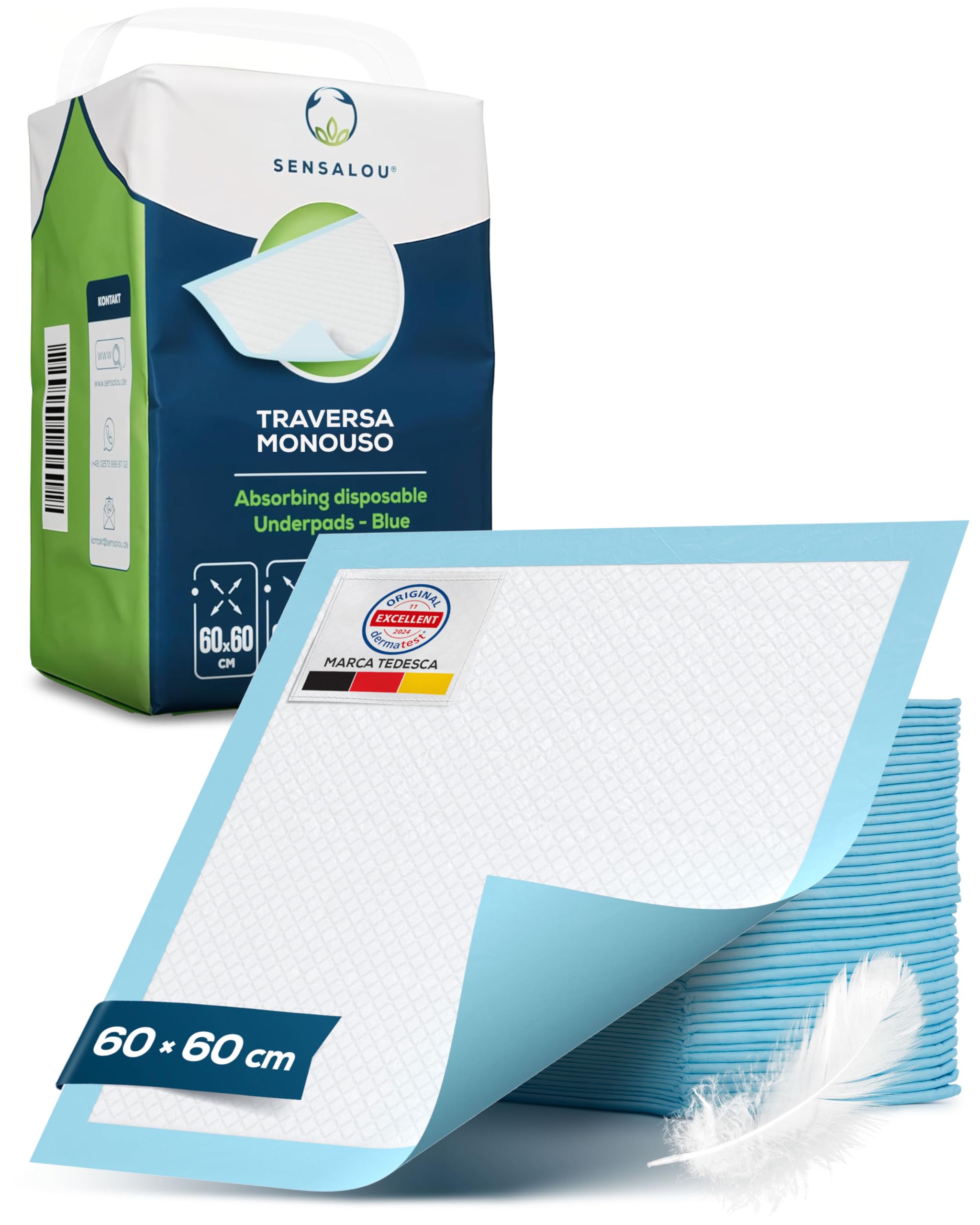 Sensalou Traversine Monouso 60x60 cm – 100 Pezzi – Teli Assorbenti Impermeabili per Incontinenza, Bambini, Anziani, Animali, Letto, Cambio, Protezione Igienica, Assistenza Domiciliare e Sanitaria