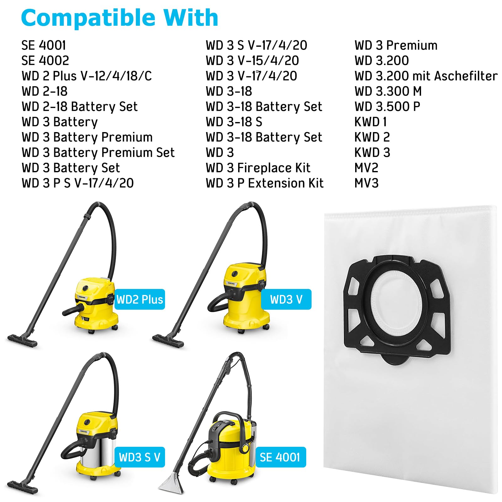12 Stück KFI 357 Staubsaugerbeutel Kompatibel mit Kärcher WD 2 Plus, WD 3, WD 3 Battery, KWD 1, KWD 2, KWD 3, MV 3, WD 3.200 bis WD 3.800 M, SE 4001, SE 4002 Staubsauger