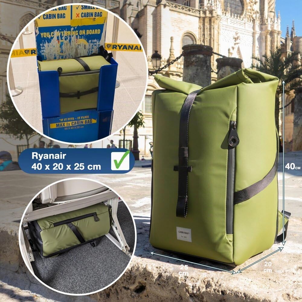 Cabin Max ISEO Bagaglio a Mano 40x20x25 Ryanair - Zaino Rolltop da Viaggio - Zaino Cabina Aereo Compatibile - Realizzato in Tessuto Riciclato Impermeabile RPET
