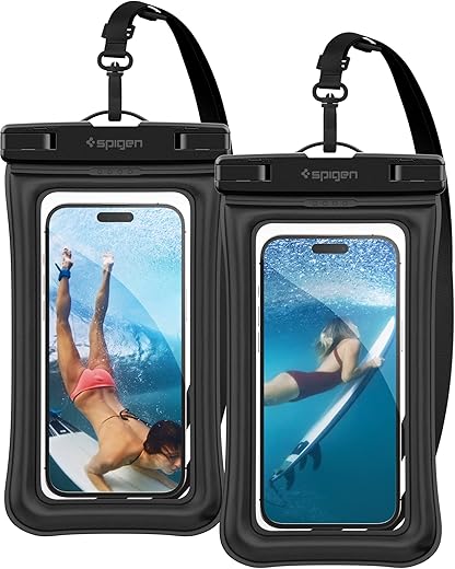 Spigen Floating Waterproof Mobile Pouch (A610) for iPhone, Samsung Galaxy, Google Pixel and All Other Smartphones up to 8.7 Inches, Mobile Waterproof Pouch (IPX8 Certified, Pack of 2) - Black