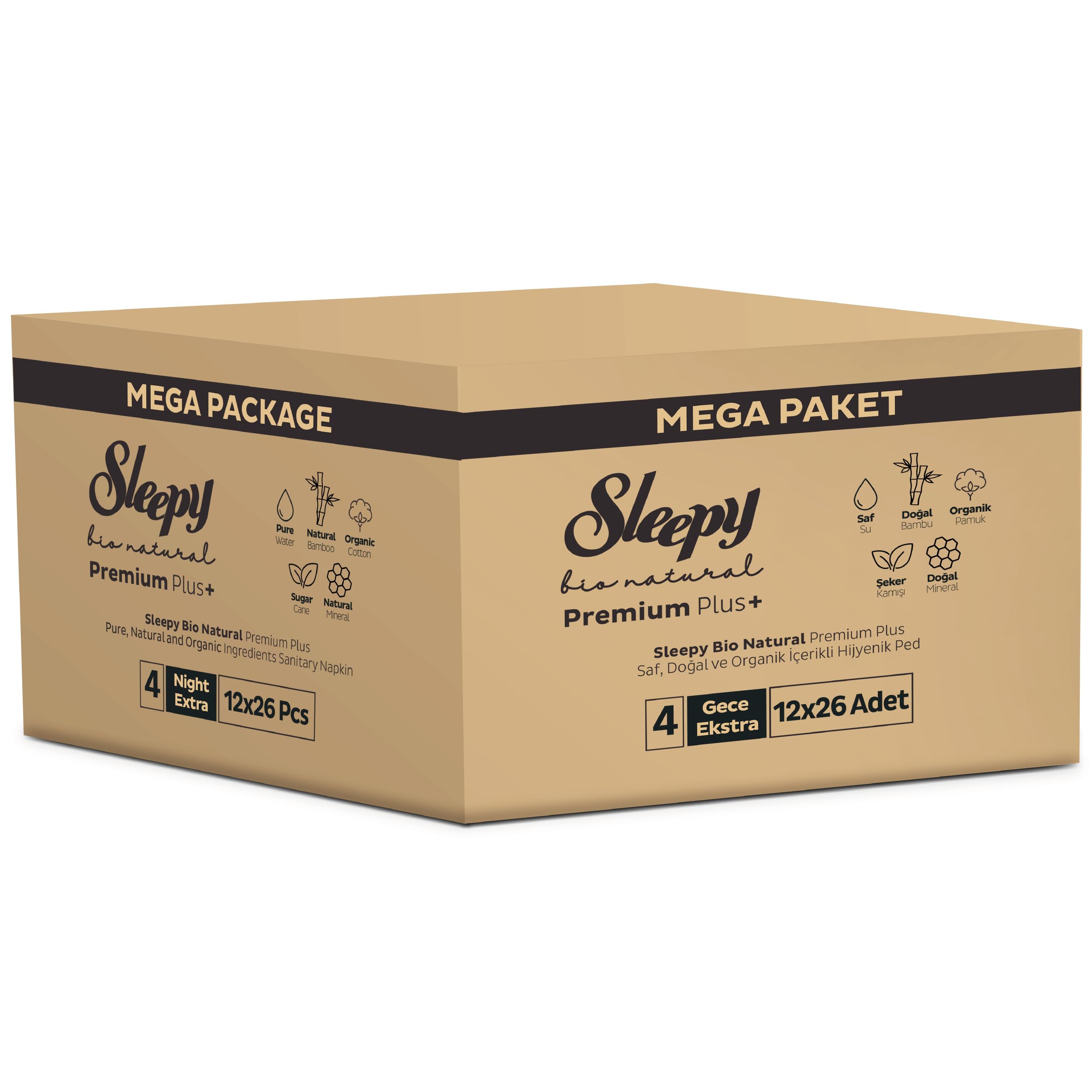 Sleepy Bio Natural Premium Plus Hijyenik Ped Mega Paket Gece Extra 26x12 (312 Adet)