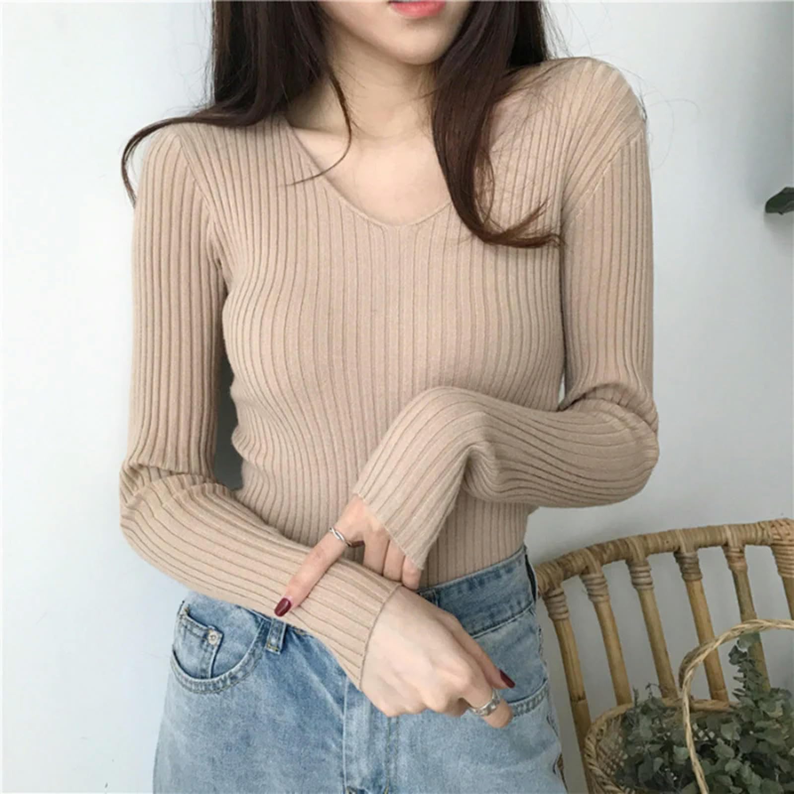 Ropa Mujer Suéter De Otoño V Cuello Suéter Tejido De Moda Delgada Cima De Invierno para Mujeres Jersey Jersey-Gris-Talla Única