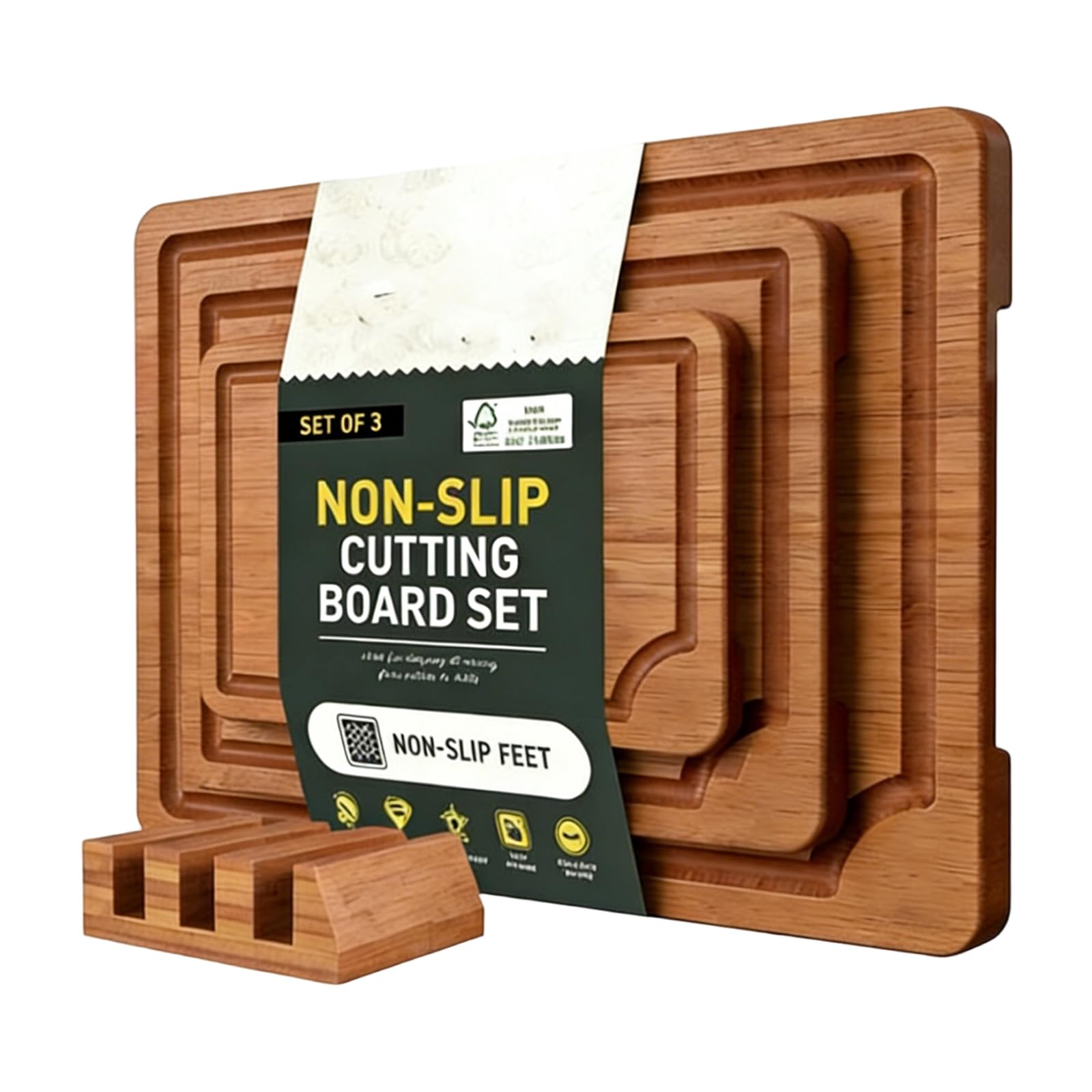 Juego de tablas de cortar de bambú natural de 3 piezas para frutas, verduras y carne, cocinas modernas, esenciales con tabla de cortar de diseño antideslizante