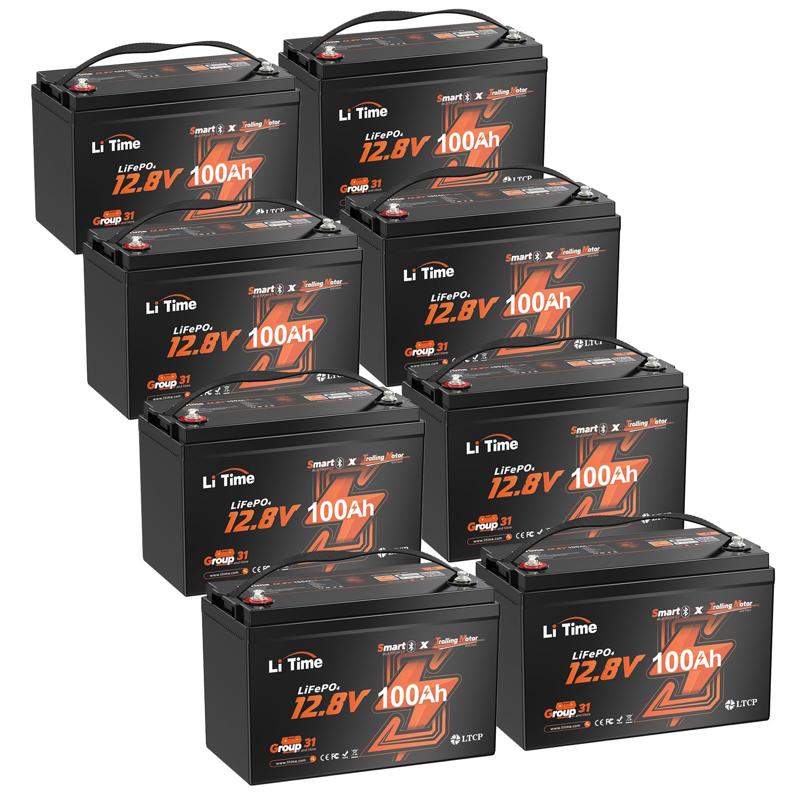 Litime 12V 100Ah Trolling Motor LiFePO4 Battery for Marine, Boat (8-Pack)