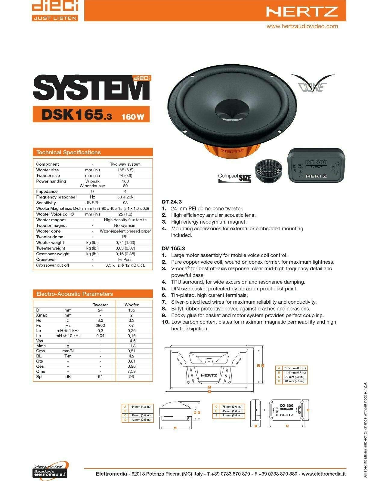 Hertz DSK 165 dsk165.3 Altoparlanti 2 vie + Supporti Casse Anteriore Compatibile con Renault Clio IV Dal 2012 Al 2019