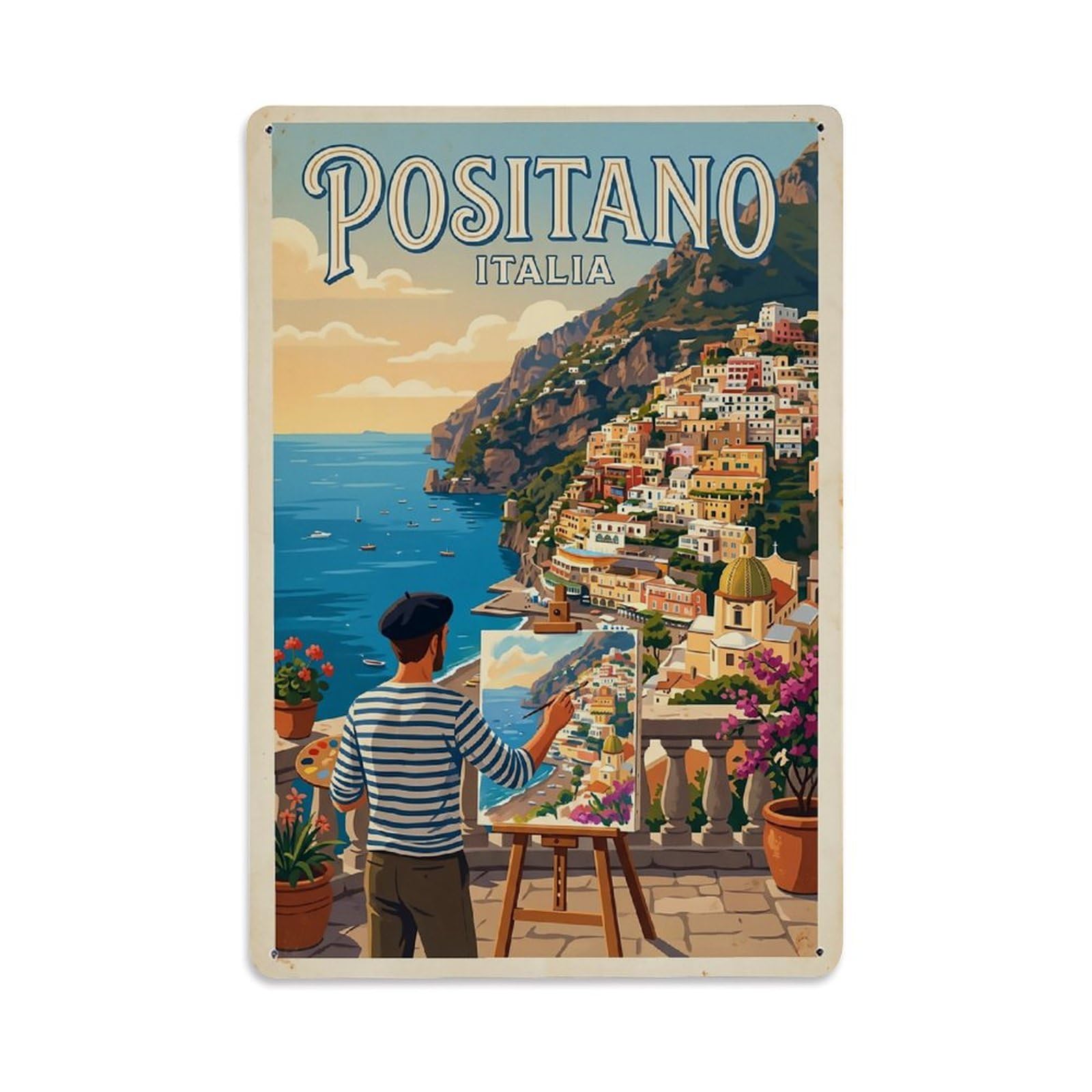 Huiyhb 8X12inch(20X30cm) Vintage Travel Positano Italy Painter Easel Overlook Metal Tin Sign