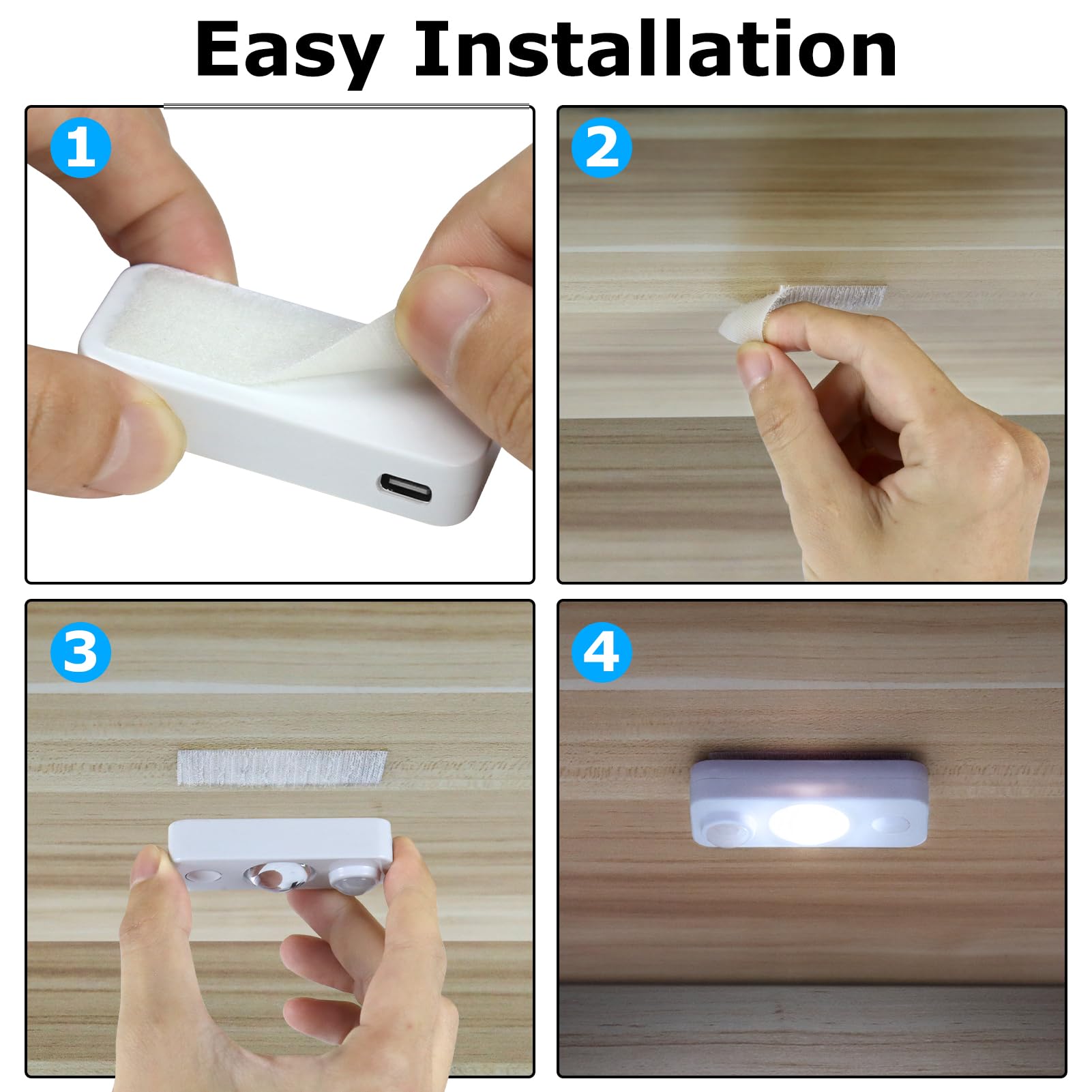 NIEGNOWOO Luces LED con sensor de movimiento, luces recargables para gabinete, luz nocturna LED inalámbrica para armario, cajón, estante, debajo del gabinete, luz blanca diurna, paquete de 4 unidades,
