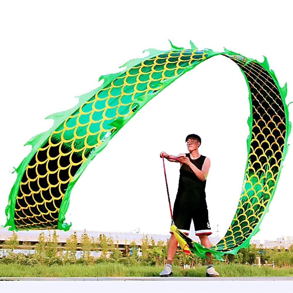 3D Dragon Poi with 340g Weighted Ball & 1.1 Meters Swing Rope - Silk Flowy Shaking & Flinging Chinese Golden Dragon Ribbon Streamer + Travel Carry Bag! (6 Meters (19.6 FT), Golden Green Dragon)