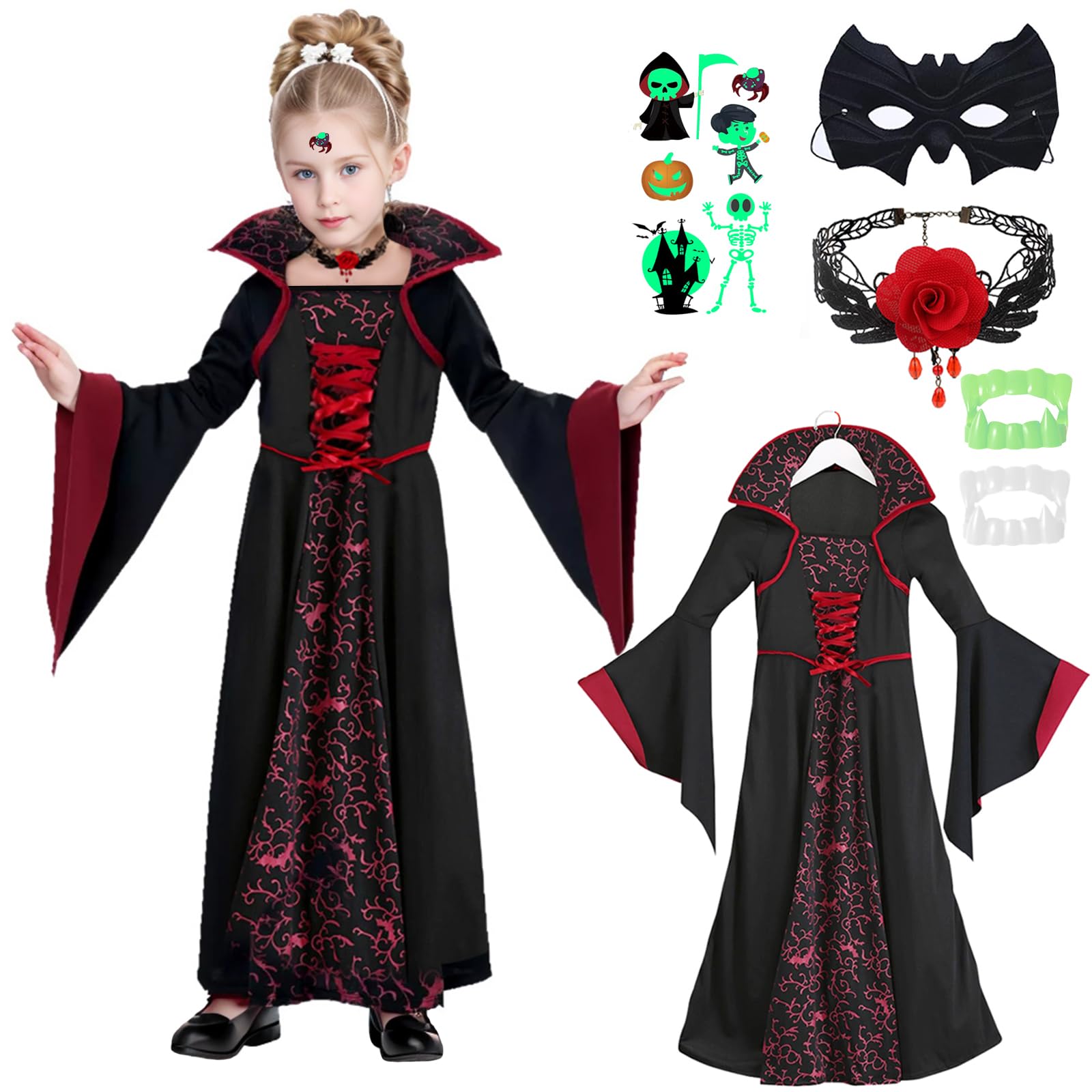 Déguisement Halloween Fille Ado YADODO Vampire Deguisement Fille Enfant 5 6  7 Ans Costume Vampire Fille Avec Masque Autocollant Fluorescent Robe Vampire  Déguisement Halloween Vampire Robe Gothique Fille Pour Halloween Carnaval (M, image size:1600x1600