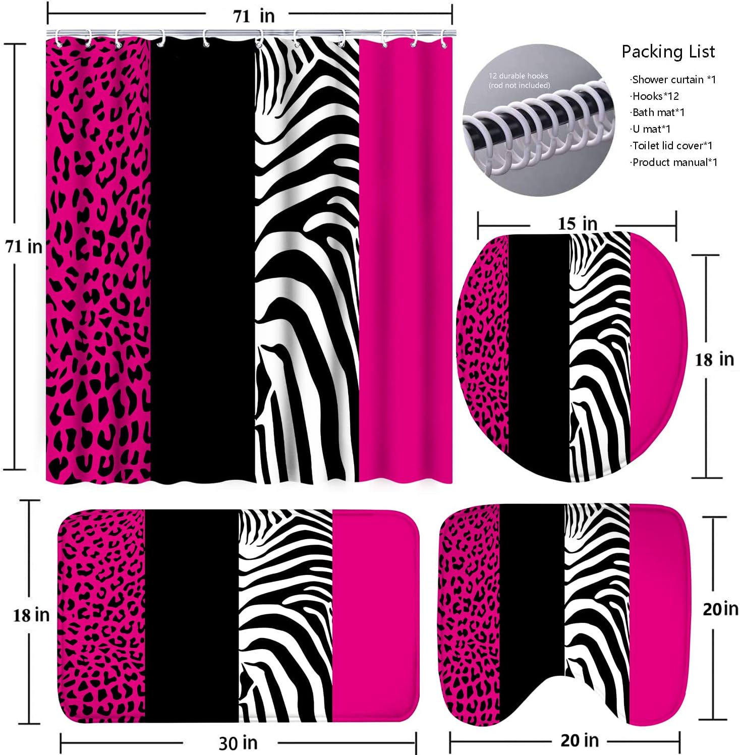 Poedist 4 Pcs Bathroom Shower Curtain Set,Rosy Leopard Print Shower Curtain Bright Style Shower Curtain Sets with Rugs(Bath Mat,U Shape and Toilet Lid Cover Mat) and 12 Hooks