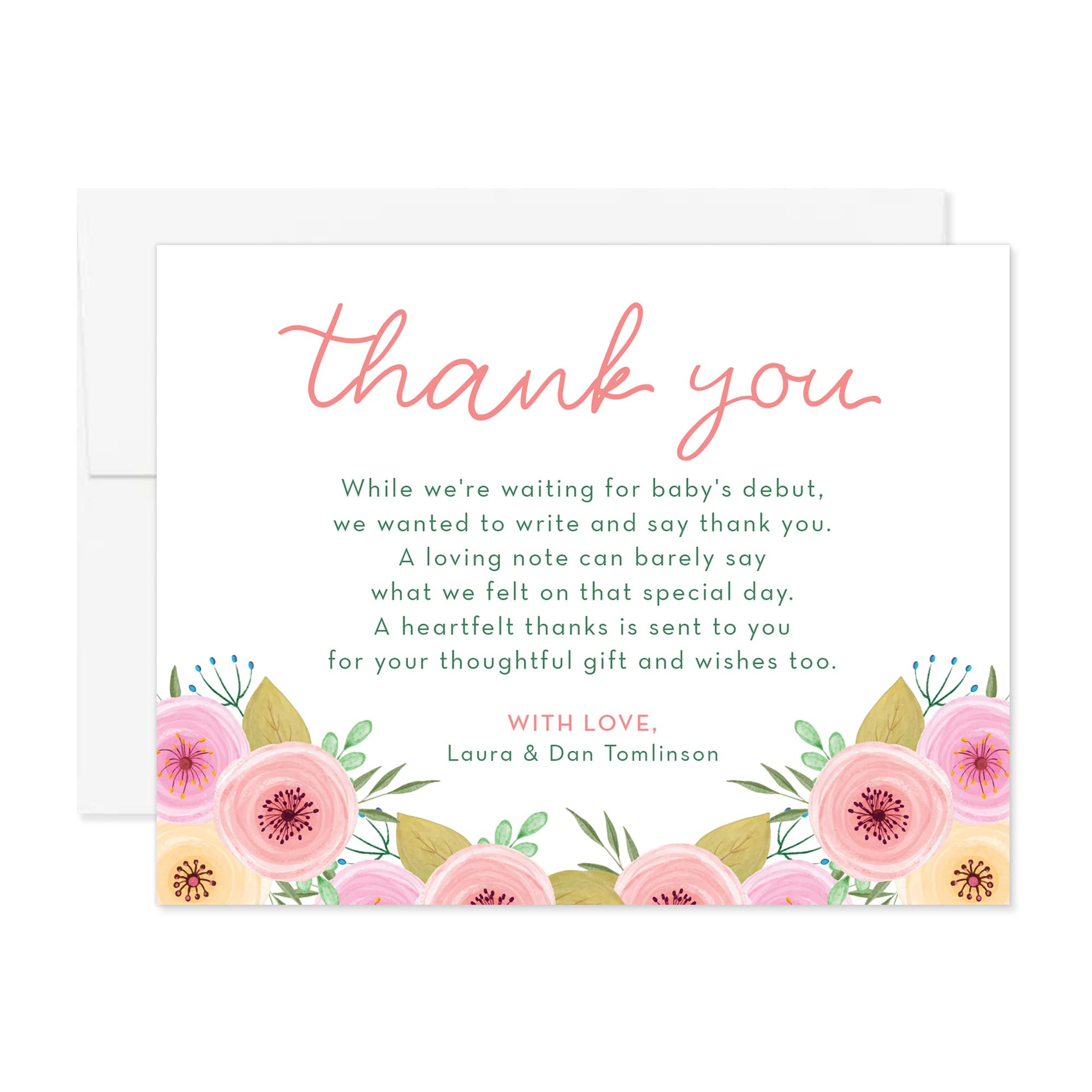 Sweet Pink Floral Baby Shower Thank You Cards with Names and Message, 5.5x4.25