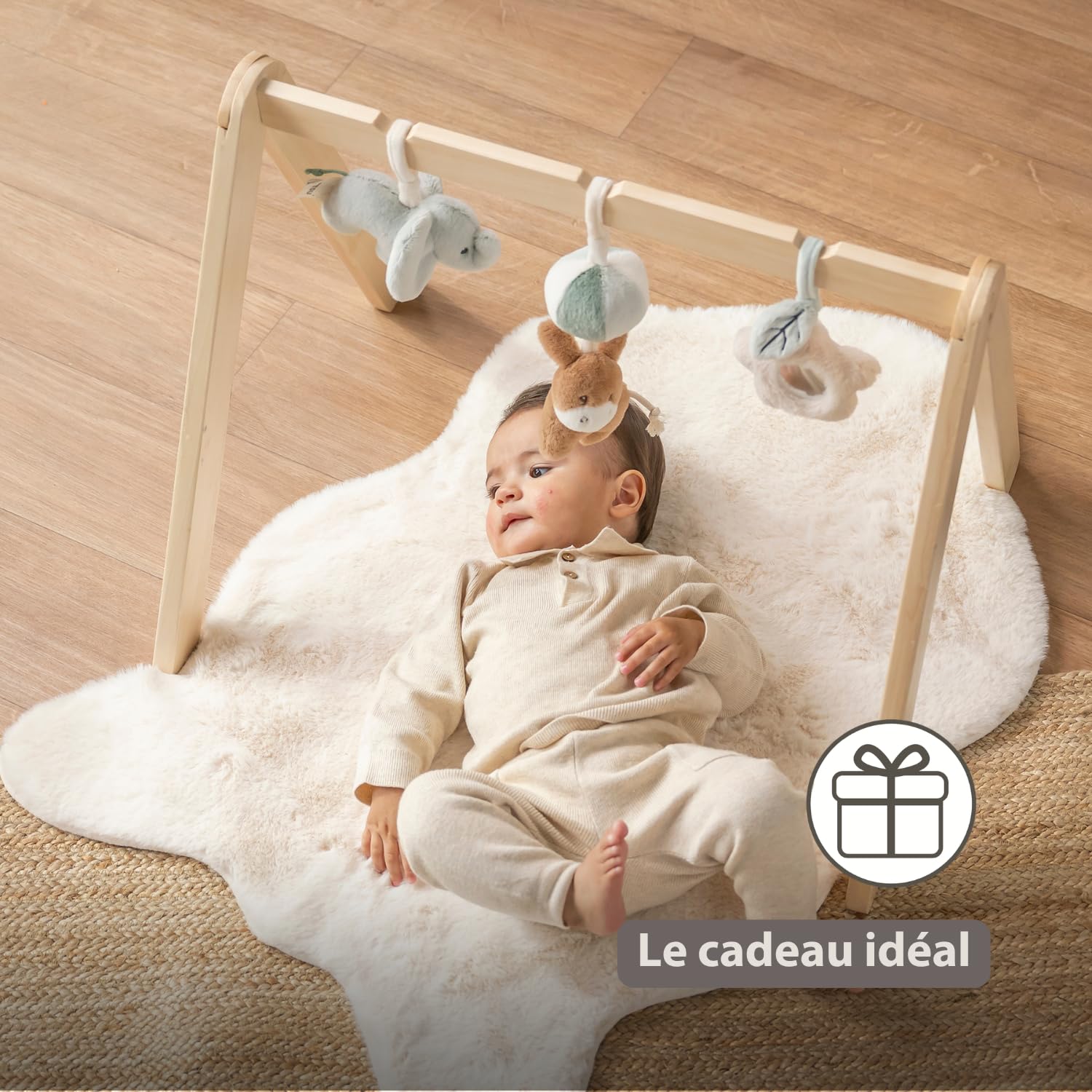 Nattou LouLou Montessori Zabawka Bow Baby - Łuk do aktywności z drewna - Rozwój sensoryczny i motoryczny u niemowląt - 60 x 50 x 47 cm - Miękkie kolory - Zielony - Beżowy - Ecru