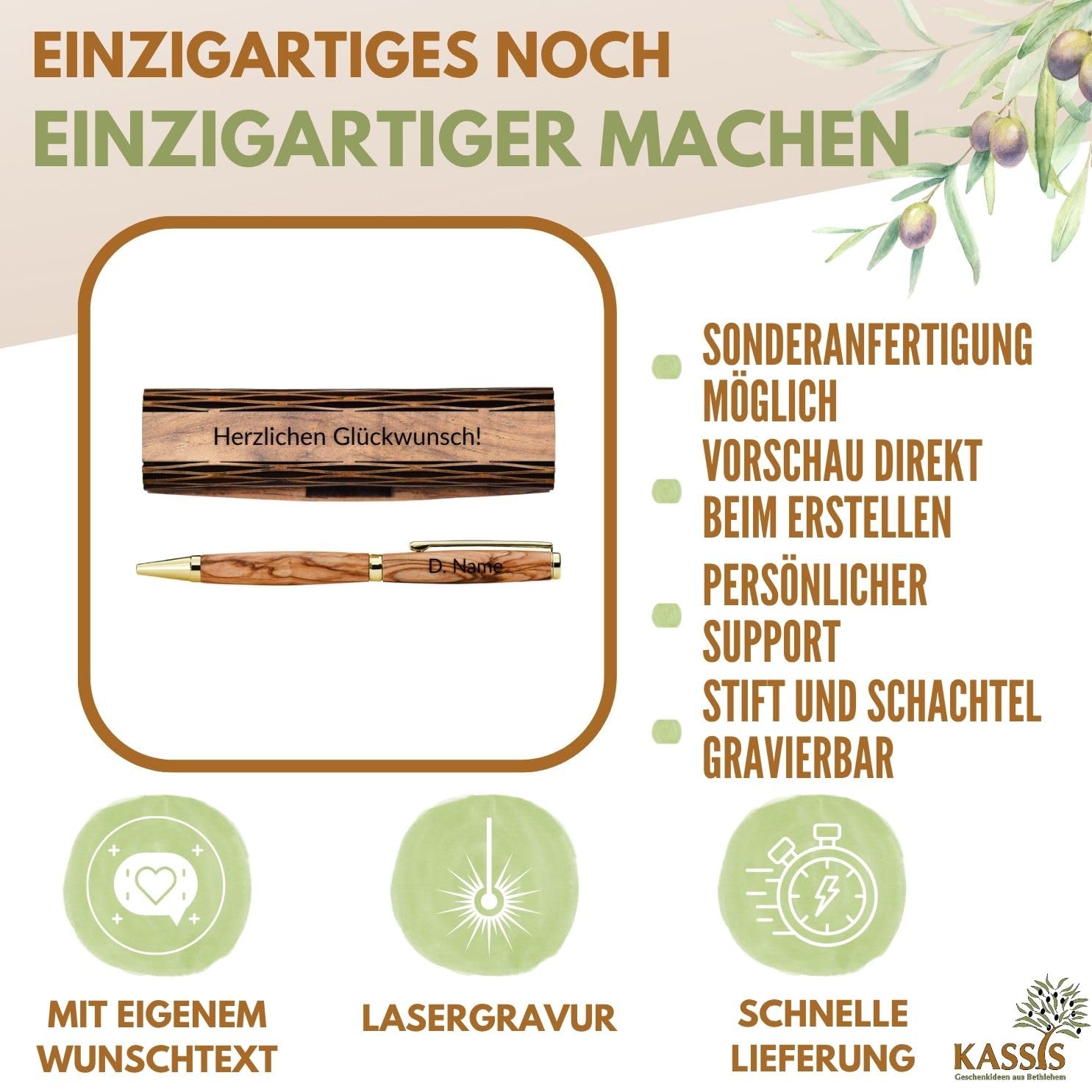 Kassis Geschenkartikel Personalisierbarer Kugelschreiber aus Olivenholz mit Holzschachtel – stilvolles handgefertigtes Schreibset für Büro, Schule, Firma und besondere Anlässe