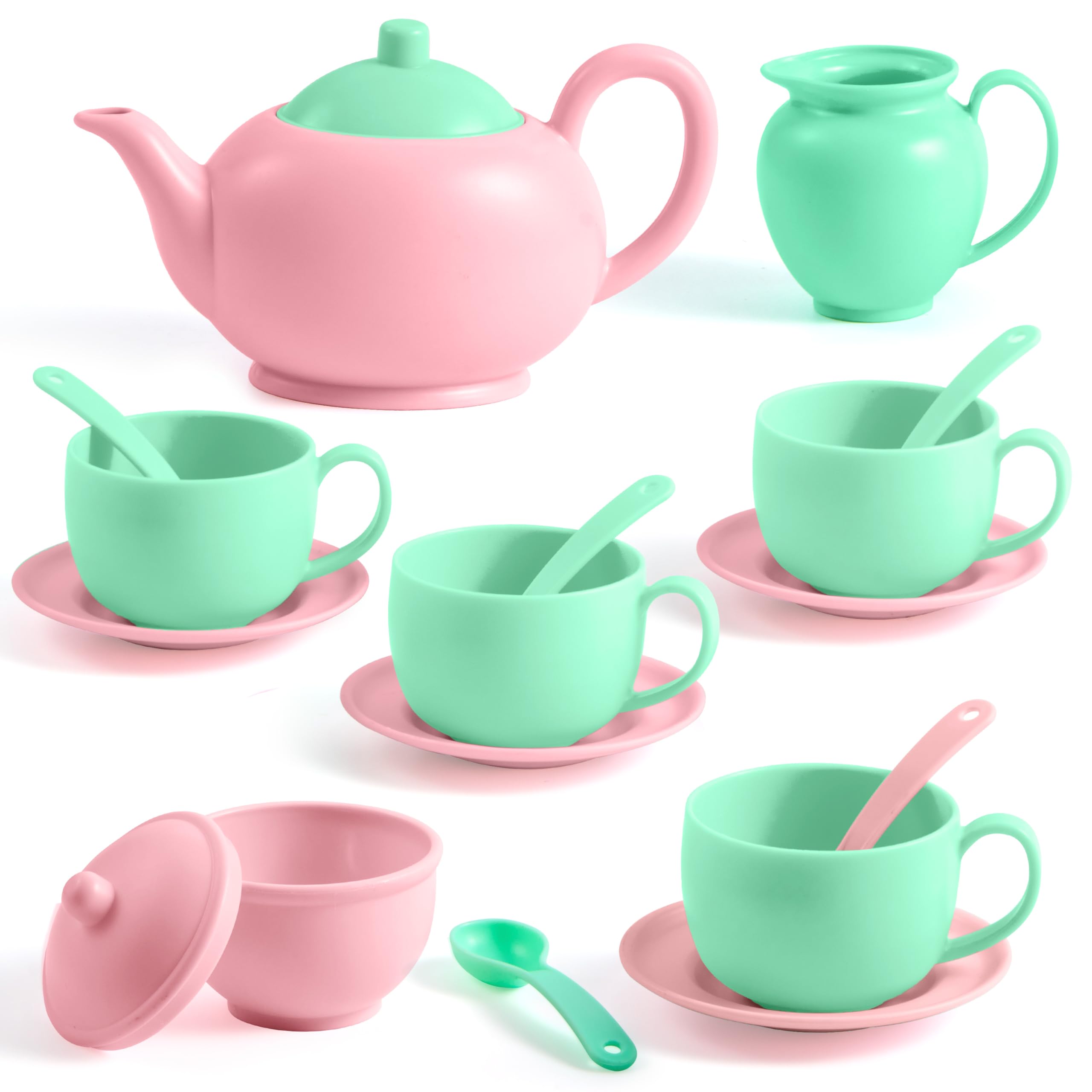 JOYIN Role Play Fun Tea Party Set - Food Accessories, BPA & Phthalates Free Plastic Tea Party Set for Toddler Boys & Girls, Ages 4-6 (Pink and Green)