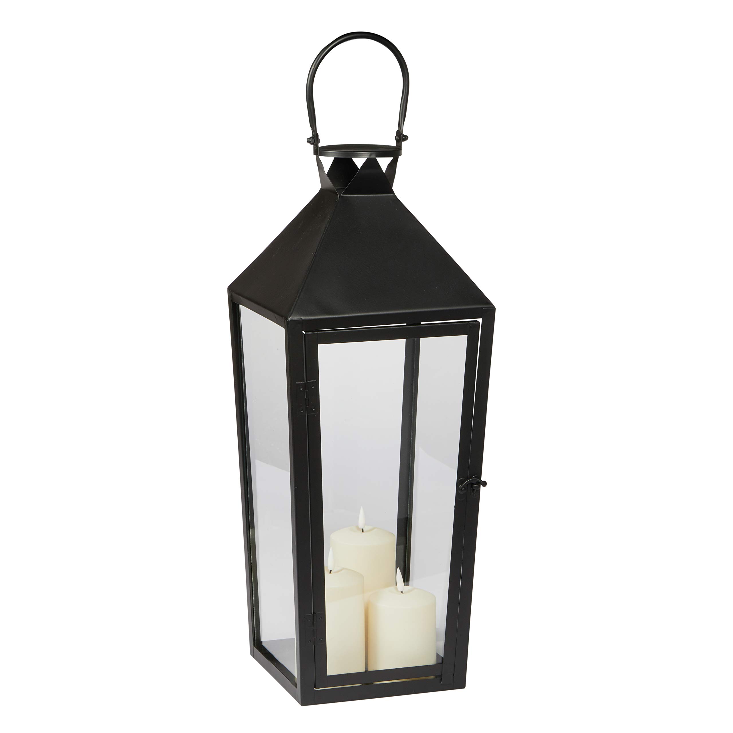 Lights4fun Schwarze Metall-Laterne | 3 TruGlow® LED-Kerzen mit Timer | Flackernde Flamme | Warmweiß 2700K | IP44 Wetterfest | Batteriebetrieben | Deko Außen Terrasse Garten Hauseingang | (H) 61,5 cm