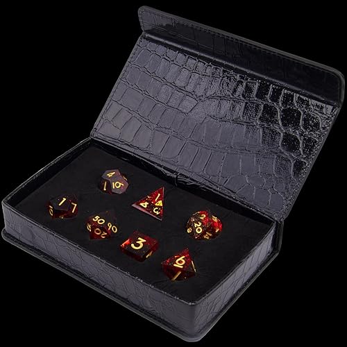 Miniatura 7 de AUSTOR Juego de dados DND de 7 troqueles hechos a mano con bordes afilados para juegos de mesa MTG de Calabozos y Dragones RPG (rojo llama)