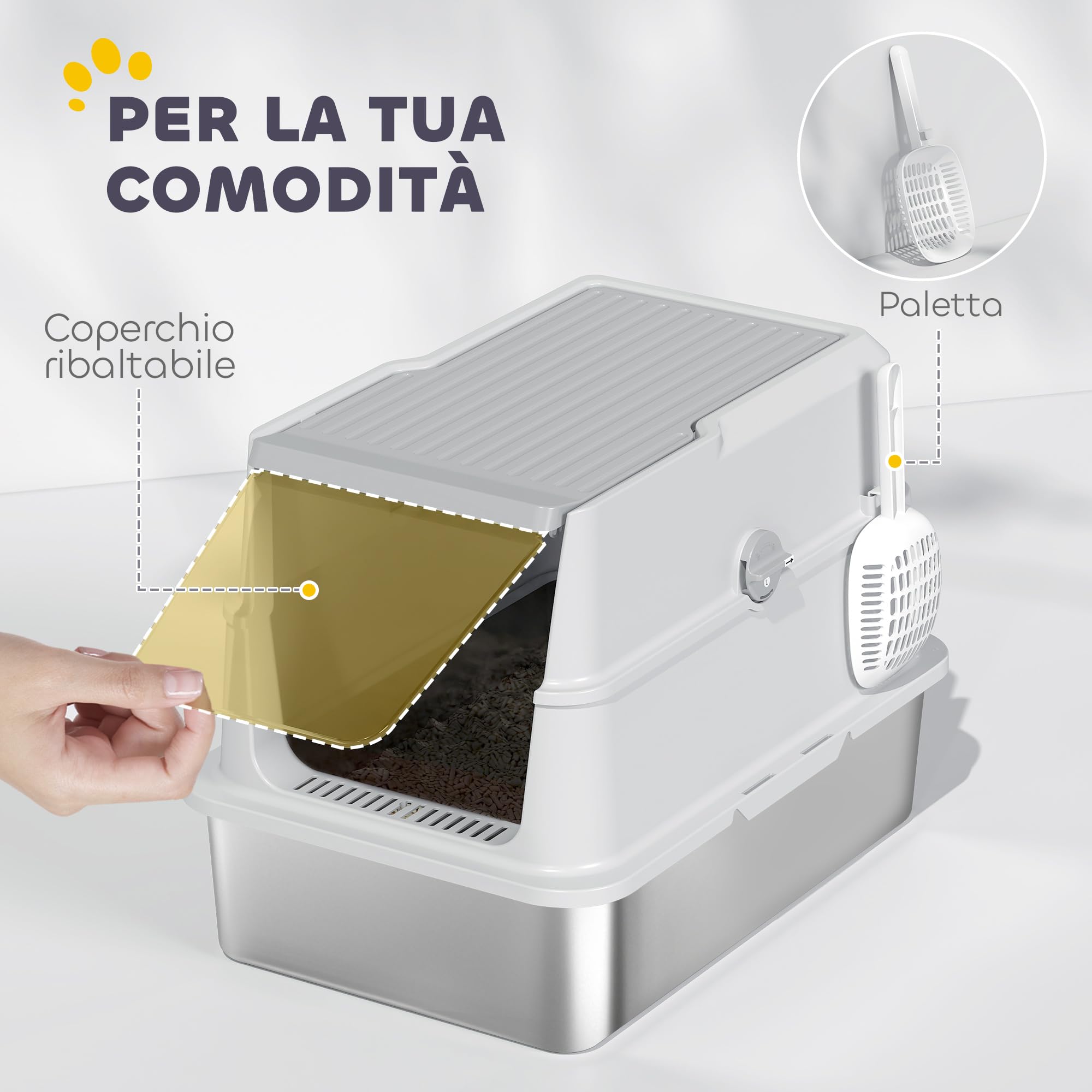 PawHut Lettiera per Gatti XL in Acciaio Inox con Coperchio Grigio Chiaro | Lettiera Chiusa, per Gatti Grandi, con Paletta, Coperchio Ribaltabile, Deodorante