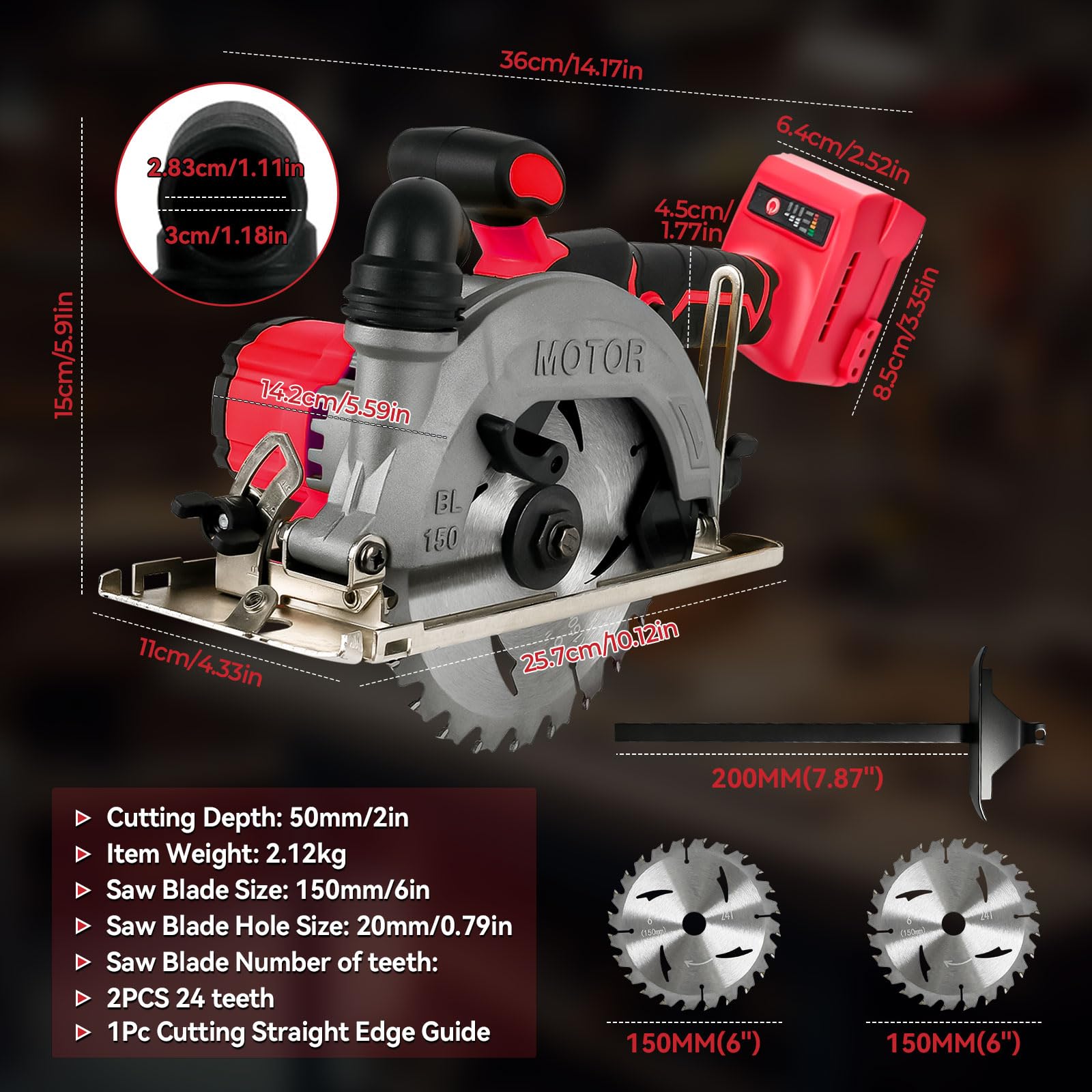 Scie circulaire sans fil de 15,2 cm compatible avec Milwaukee M18, scies circulaires sans balais de 6200 tr/min avec 2 lames de 150 mm, profondeur de coupe 50 mm, biseau de 0 à 45° pour coupe du bois