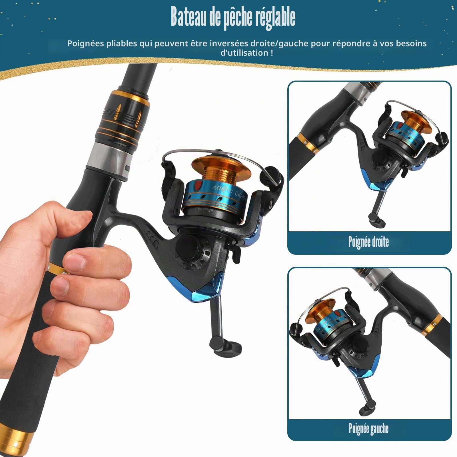 Canne à pêche télescopique et moulinet Combo Set, Kit de tige métallique de 1,6 m avec ligne/accessoires d'appâts de pêche/sac de transport, ensemble complet de canne à pêche rotative et moulinet pour
