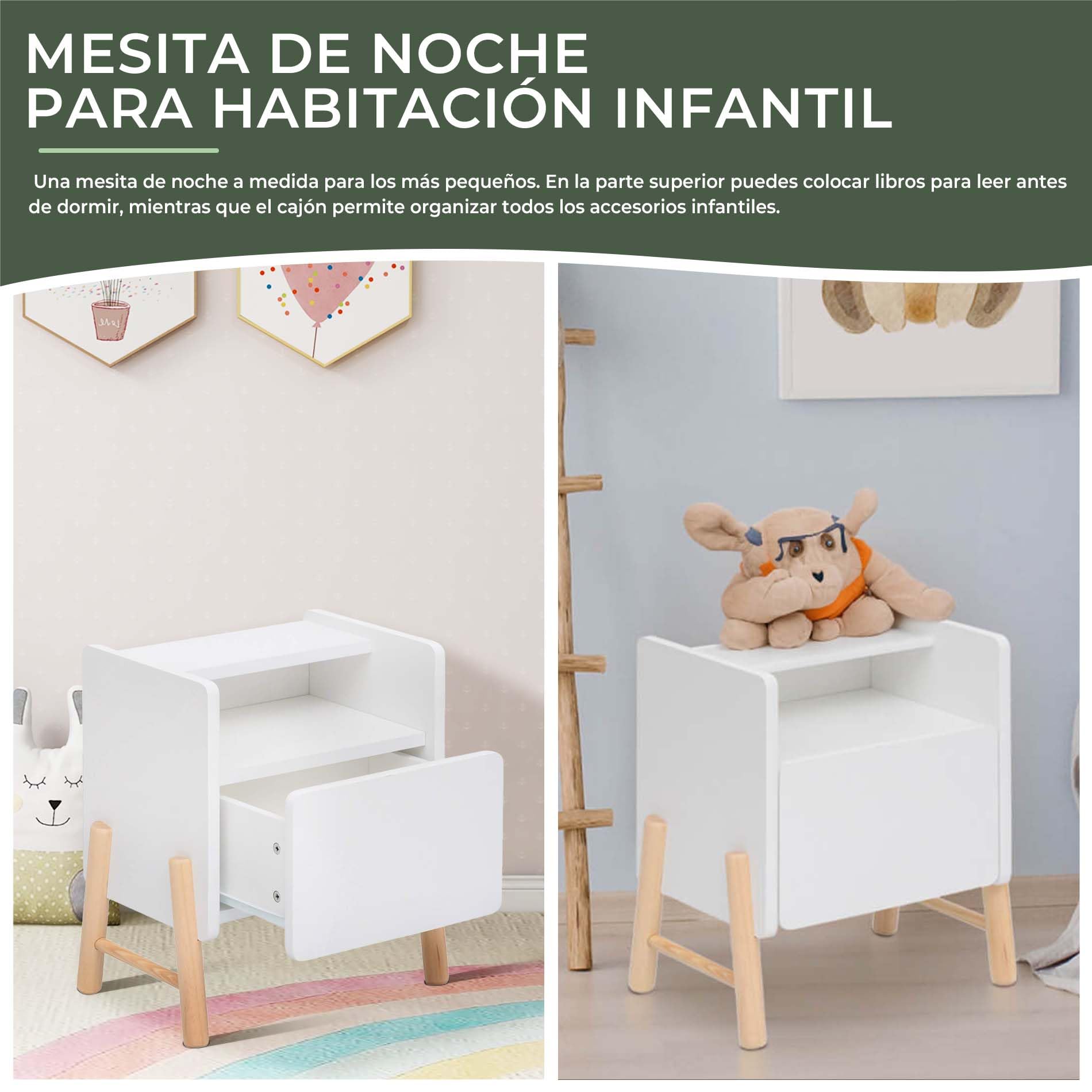 Rebecca Mobili Quadratischer Nachttisch, Nachttisch für Kinder, Weiß Braun, MDF Kiefer, mit 1 Schublade und 1 Regal, Abgerundete Kanten - Maße HxBxT: 49 x 43 x 30 cm - Art. RE7128