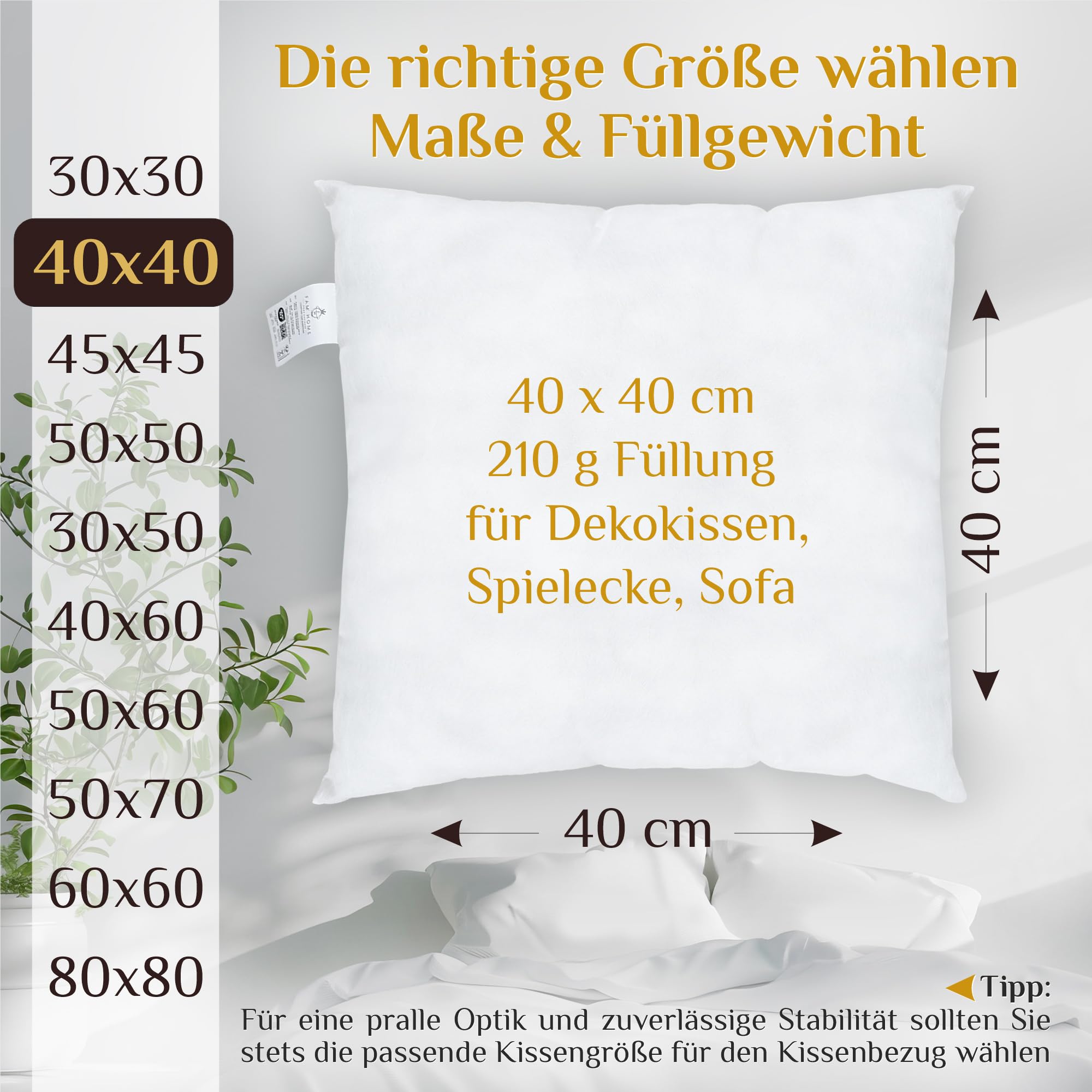 FAM’ Home Kissenfüllung 40 x 40 cm (4er Set) – 210 g, mittelfest, hypoallergen, für Sofa- und Dekokissen, maschinenwaschbar