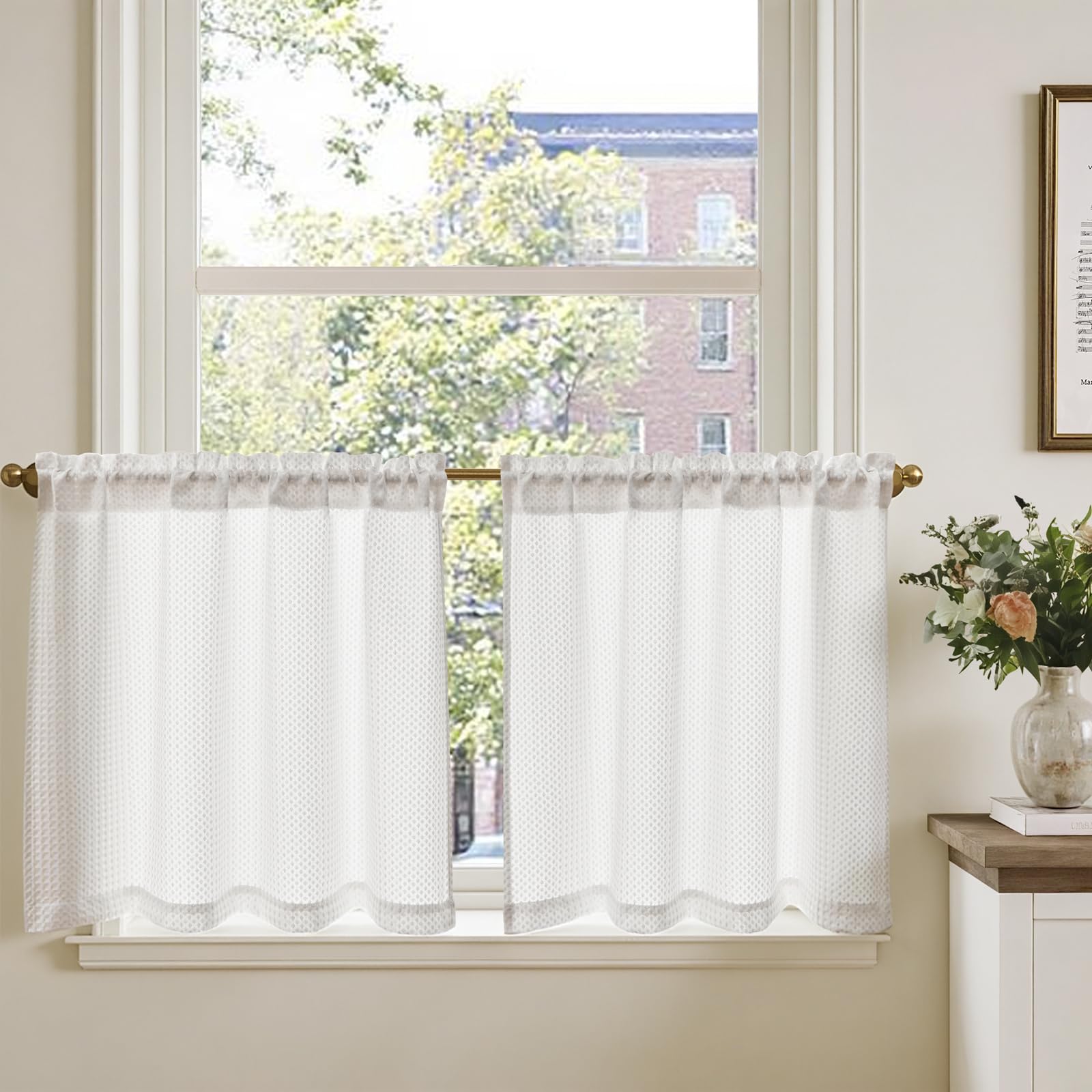 TOPICK Küchenvorhang, Wohnzimmer, mit Waffelmuster, für den Außenbereich, Kurzfenster, Vorhänge, Scheibengardinen, Dekoration, Terrasse, Schlafzimmer, Schrank