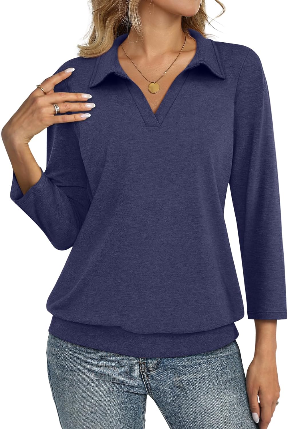 Womens Polo Shirts 3/4 Sleeve Banded Bottom Tops Business Casual Tops Collared V Ne...