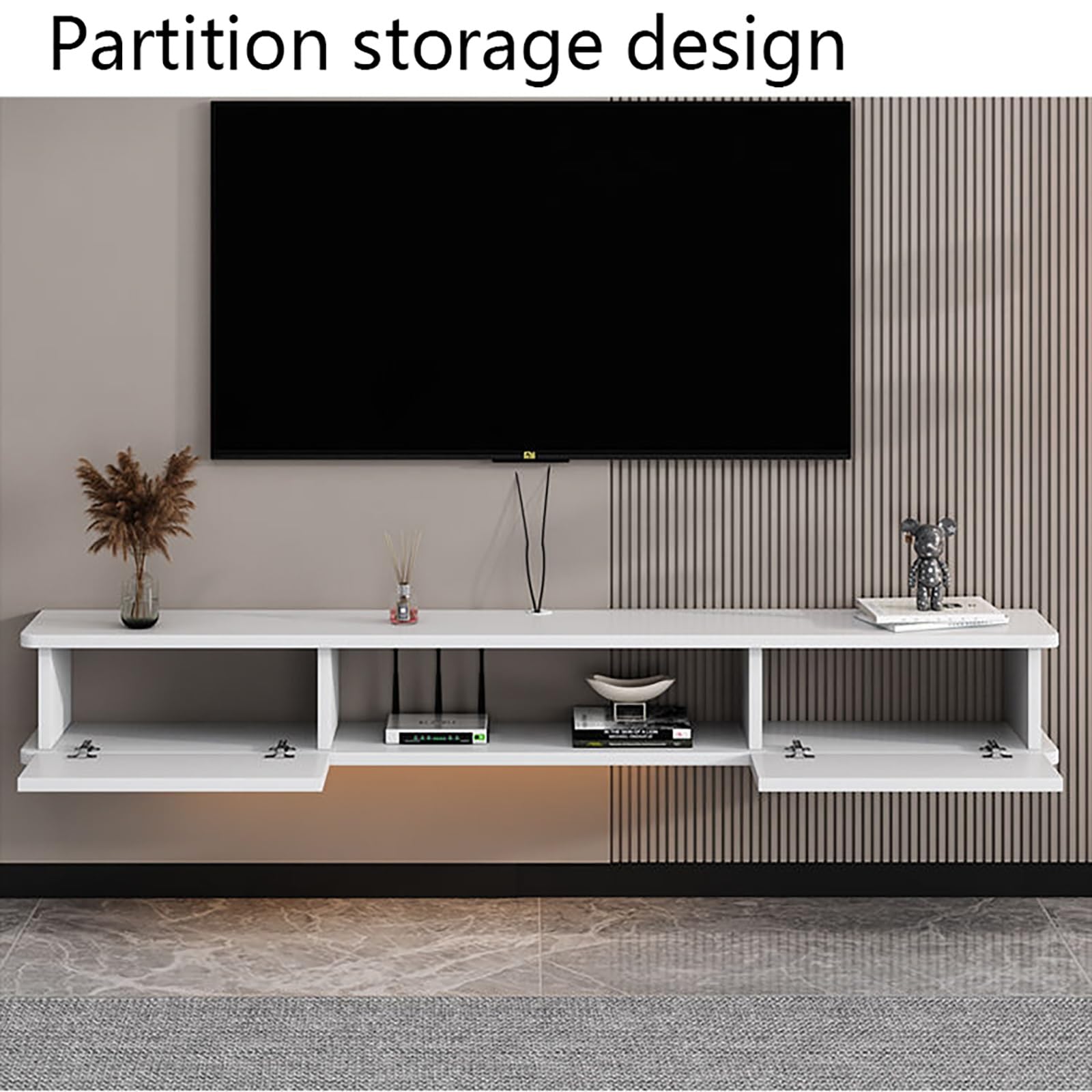 Mobile TV Sospeso, Console Multimediale A Parete, Mobile Porta TV In Legno Con Ante A Ribalta E Cassetti, Mobiletto TV Per Lettore DVD, Decoder, Console Per Videogiochi(Gray white,200x22x20cm)