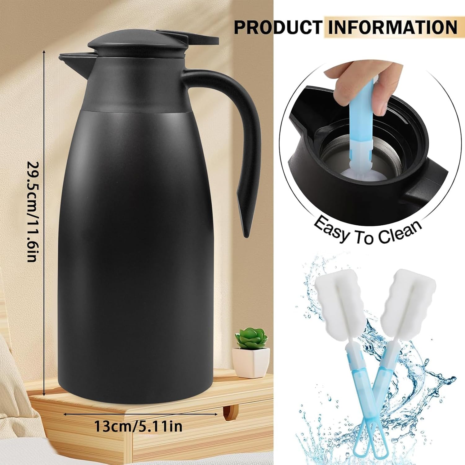 2 jarras térmicas de 2 litros, jarra térmica de acero inoxidable 304 aislada, 24 horas de aislamiento térmico, para café, té, agua, bebidas, termo (plata, negro)
