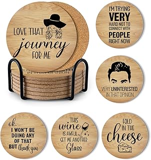 Schitts Creek Coasters Set of 6 with Holder, Funny Friends TV Show Merchandise for Drinks, Cork Coasters for Coffee Table