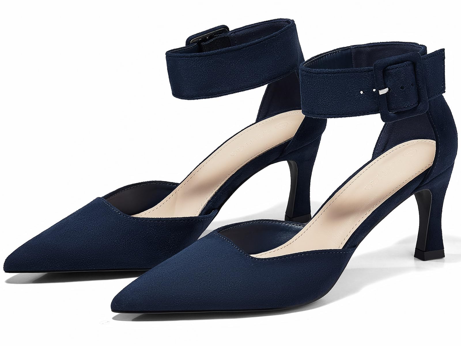 Coutgo Womens Kitten Low Heels Closed Pointed Toe Ankle Buckle Strap Pumps Suede Dress Wedding Shoes