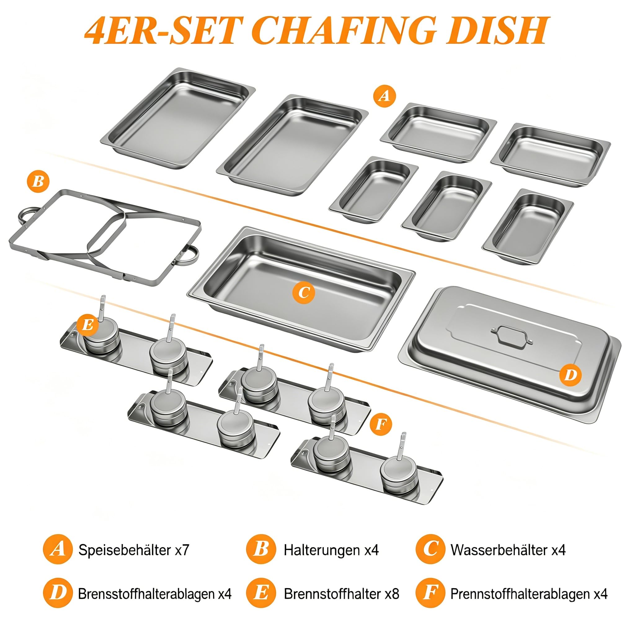 Chafing Dishes für Buffet 9 QT 4er Pack 7 Behälter, [Behälter in verschiedenen Größen] Catering-Chafing-Dish mit Deckeln, Behältern und Brennstoffhaltern – Buffet-Wärmer [Robust und langlebig] für Par