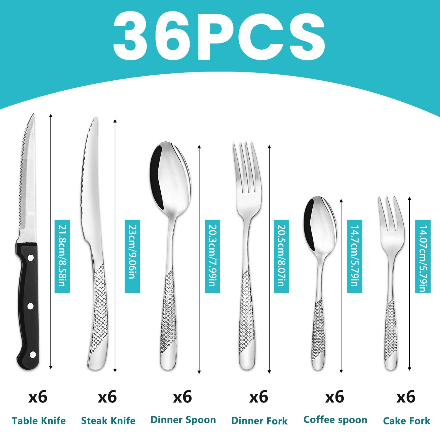 Set Posate Acciaio Inox 36 Pezzi per 6 Persone, 6 Forchette, 6 Forchette da Dolce, 6 Coltelli, 6 Cucchiai, 6 Cucchiaini e 6 Coltelli da Carne, Lavabile in Lavastoviglie