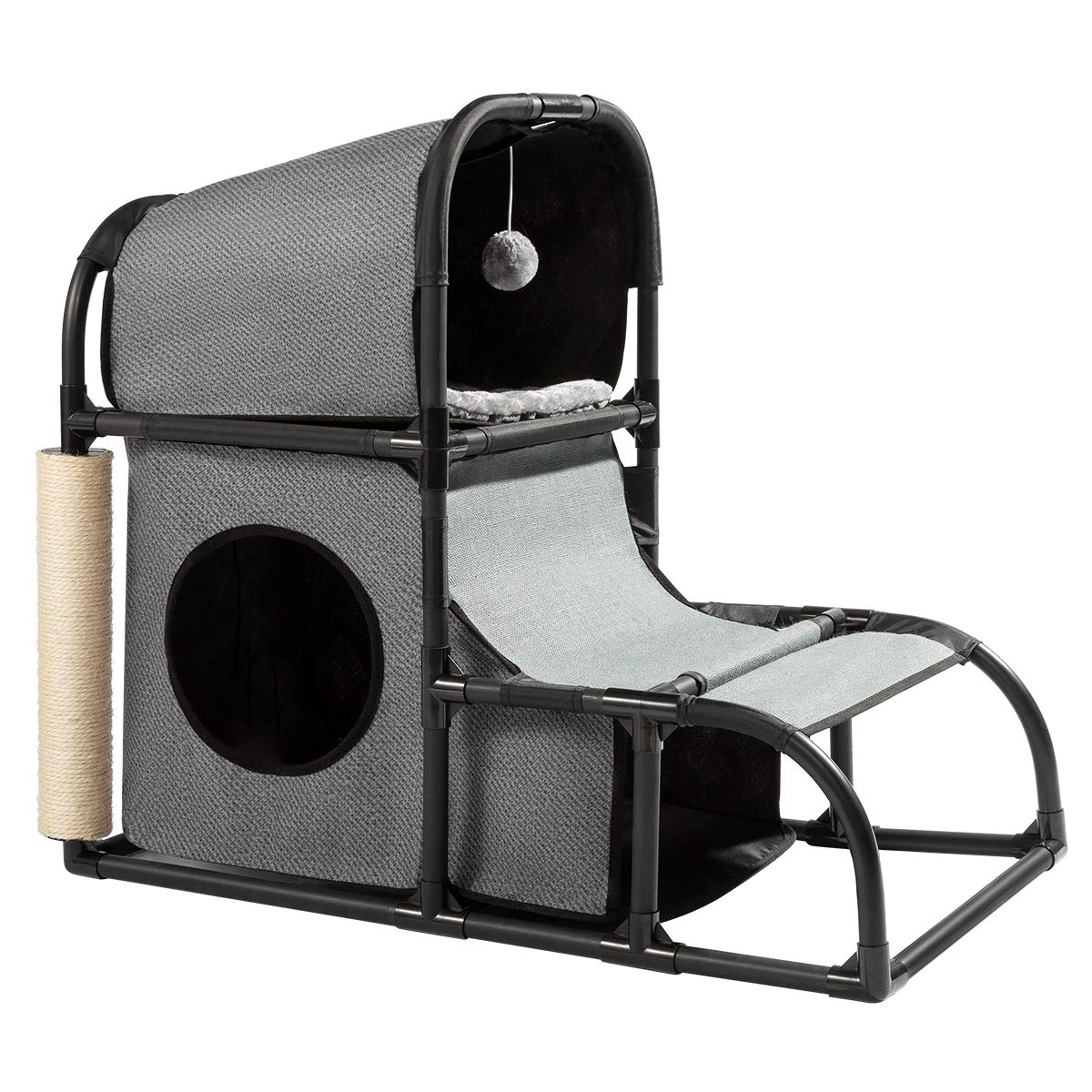 Hollypet 4 in 1 Multi-Functional Cat Activity Tree Condo Bed Furniture Durable Climber Stable Cat House with Scratching Post Dangling Toy Gray 27.6 Inch