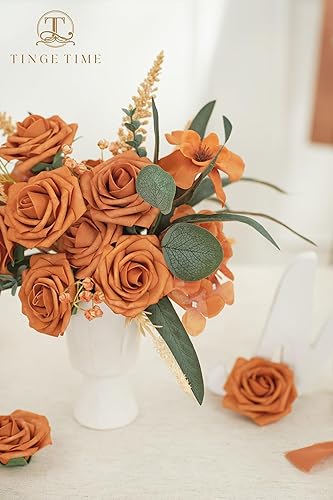 Miniatura 9 de TINGE TIME Flores de naranja quemado, flores falsas para decoración de rosas con tallo, 25 flores artificiales de rosas para ramos de boda, centros