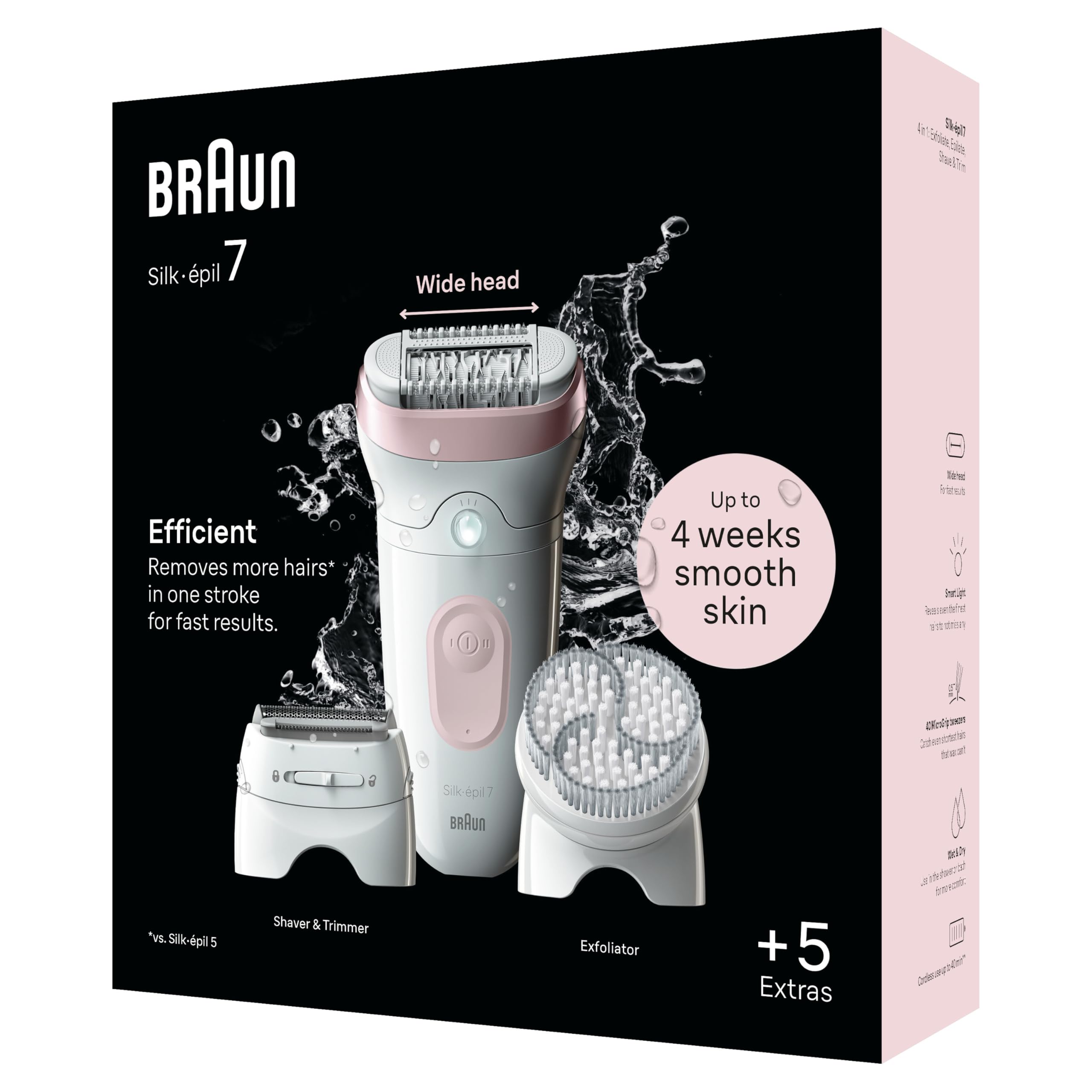 Braun Silk·épil 7 Wet & Dry Epilierer SE7‑060 - 40 Pinzetten, SmartLight, wiederaufladbar, für empfindliche Haut, inklusive Scherkopf, Trimmerkappe, Reinigungsbürste - Haarentfernung für Beine, Arme
